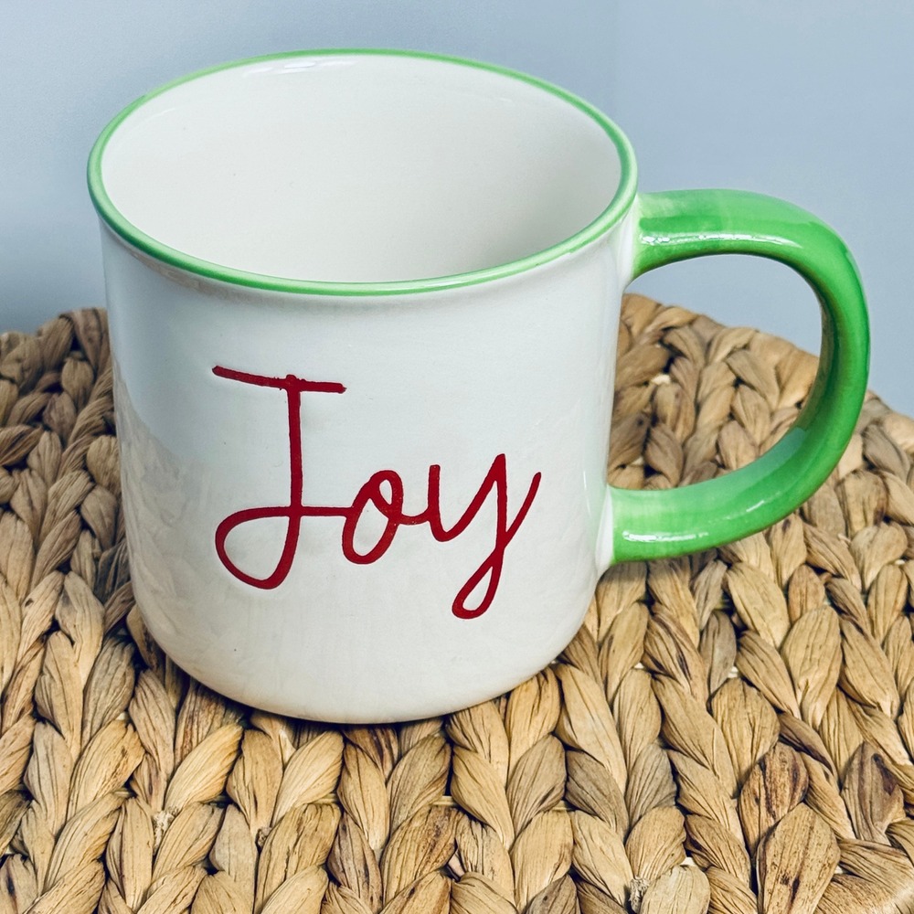 Joy Christmas Mug Holiday‎ Coffee Cup Green Handle Red Script Ceramic 14 oz